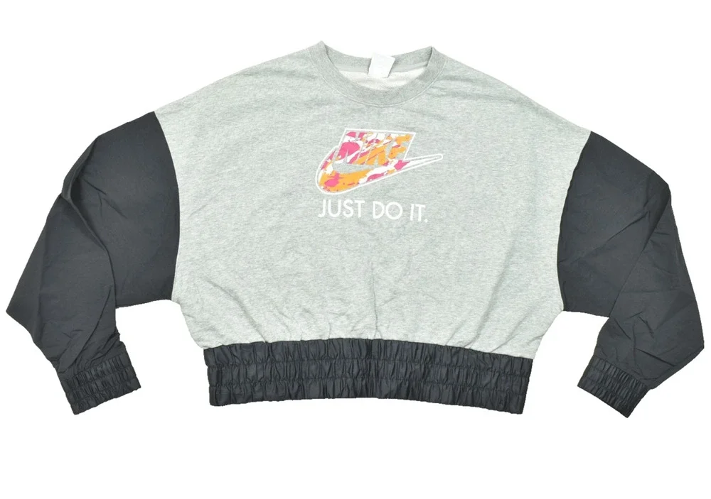 Nike Sportswear Women's Size Small Gray Black Colorblock Just Do It Cropped Swea
